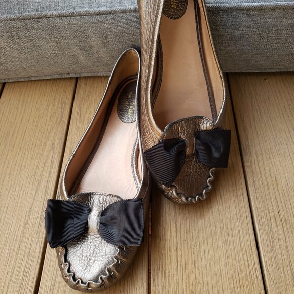 EUC Kate Spade NY Leather Ballet Flats Loafer Moccasin w/ Bow Metallic Gold (7) - Picture 2 of 10